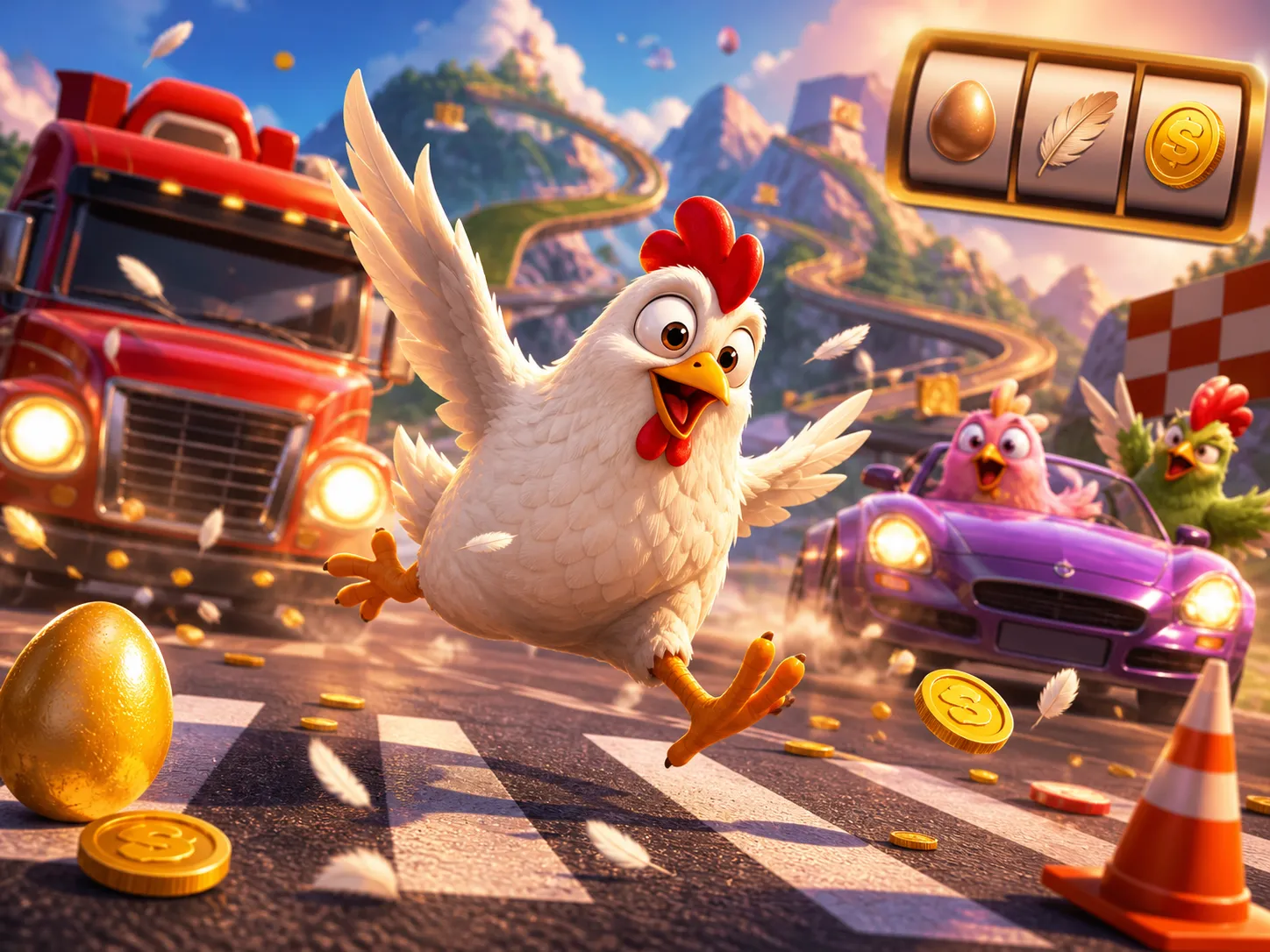 Promotional artwork for Chicken Road slot game featuring animated chickens on a busy road with playful chaos and traffic elem