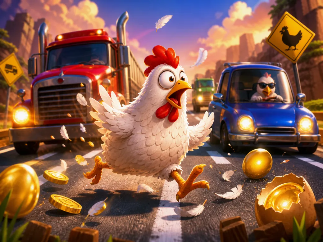 Cartoon chicken crossing a road with slot symbols and traffic danger in a playful game world.